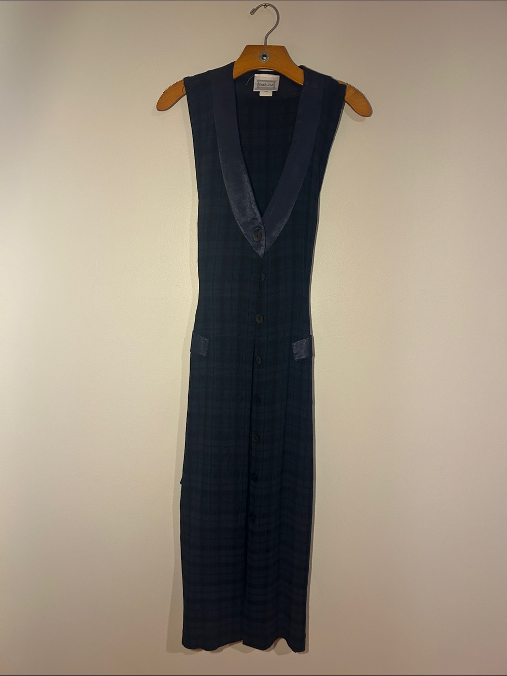 Vintage Sleeveless Navy Plaid Button Up Midi Dress with  Satin Trim